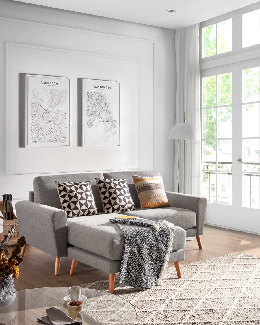 Narnia 3 seater sofa with chaise longue in light grey, 192 cm