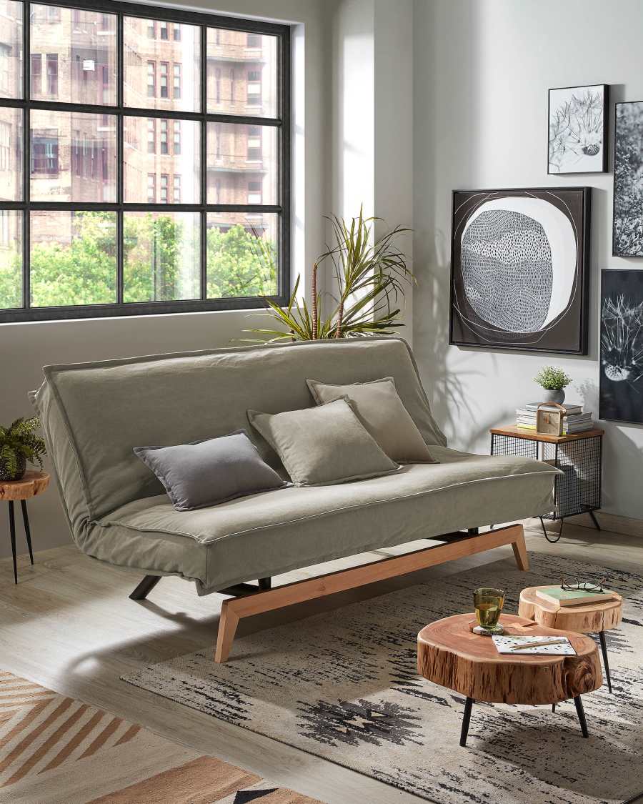 Eveline three-seater sofa bed in beige, wooden frame, 195 cm
