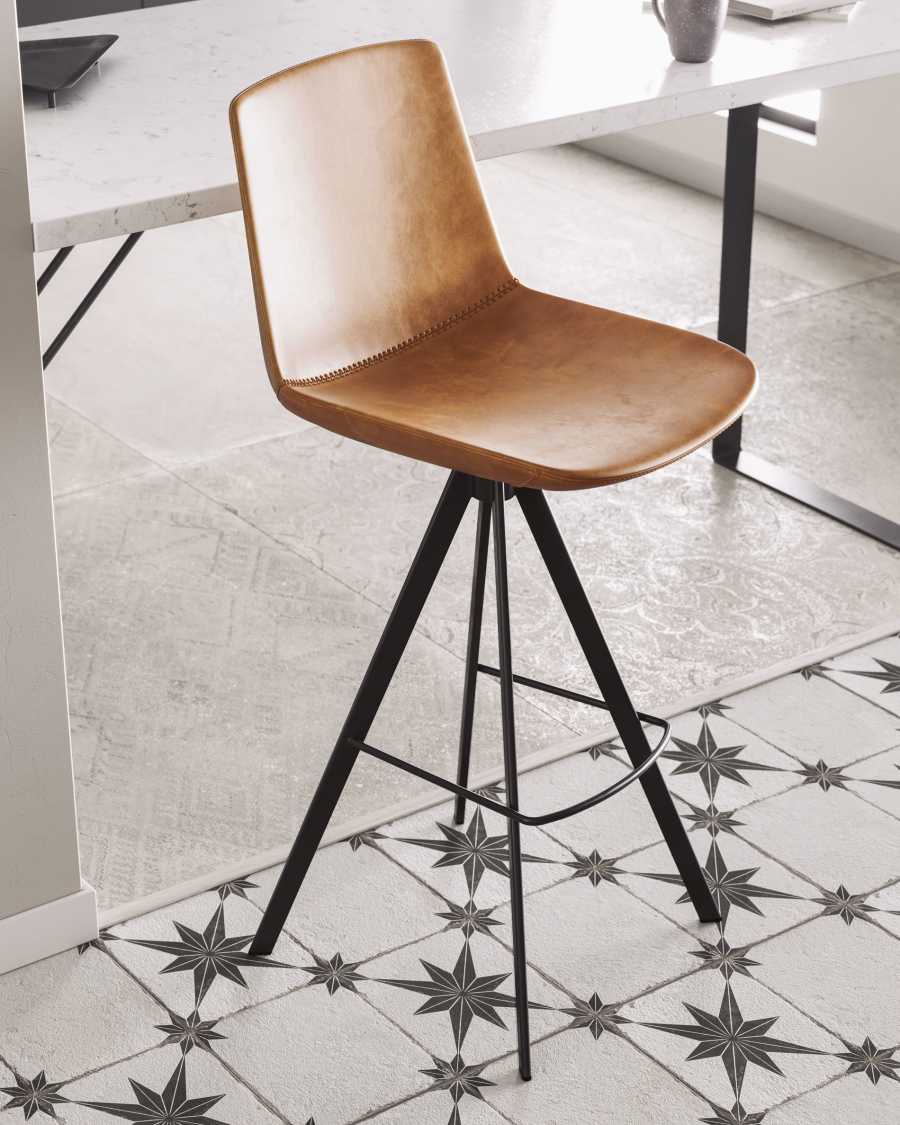Zeva brown faux leather stool with steel in a black finish, height 75 cm