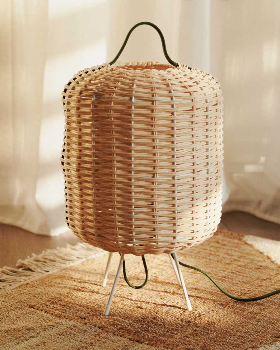 Small Lumisa table lamp in rattan with natural finish and green cord