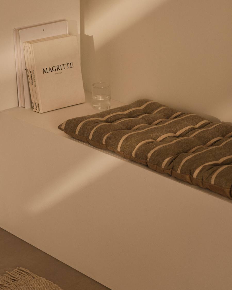 Margarida 100% beige cotton bench cushion with mustard stripe pattern, 40 x 120 cm