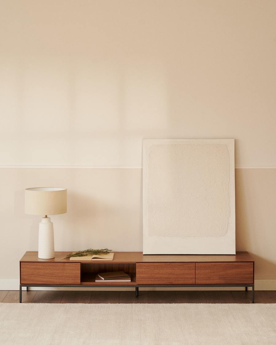 Moble TV Vedrana 3 calaixos de xapa de noguera i potes d'acer negre 195 x 35 cm