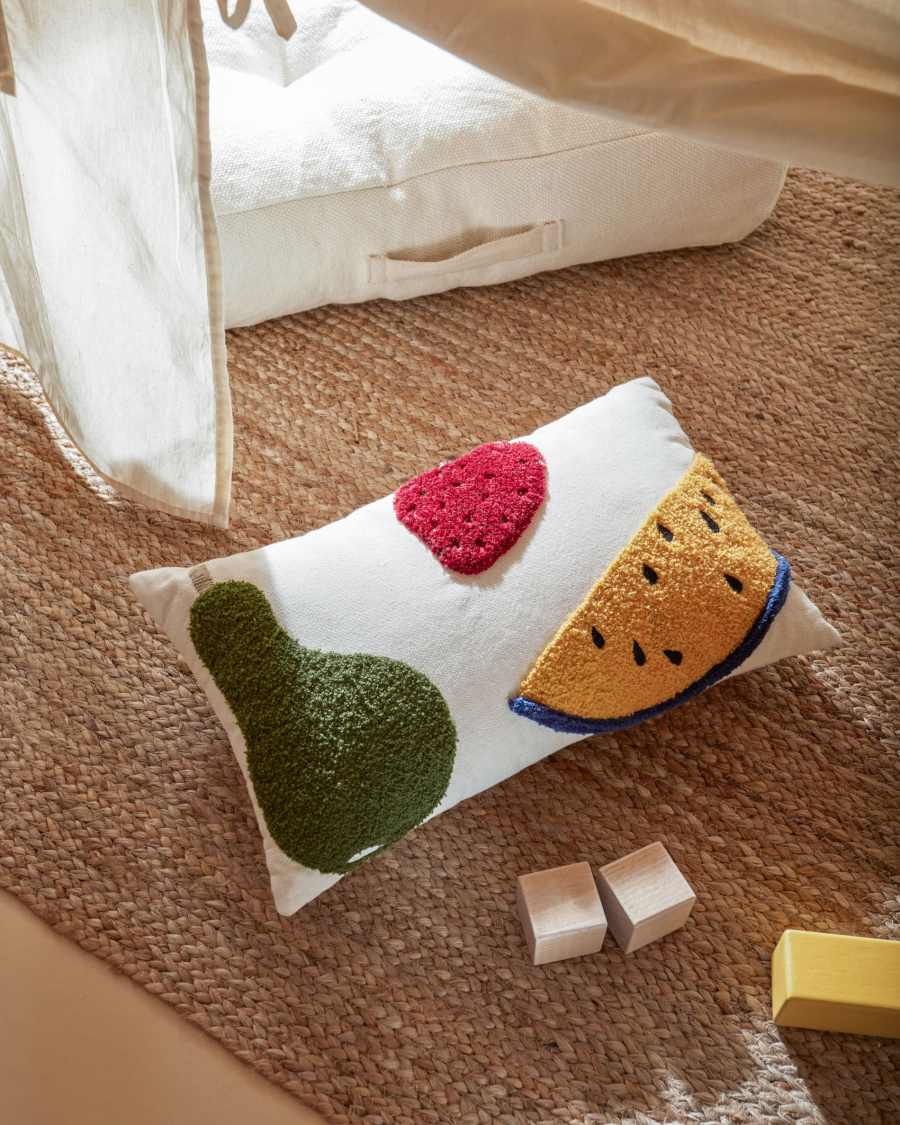 Amarantha 100% cotton cushion cover with multicolour fruit prints in white, 45 x 45 cm