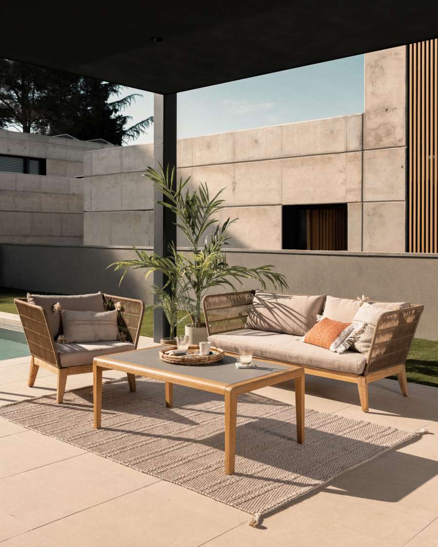 Belleny armchair in beige cord and solid acacia wood, FSC 100%