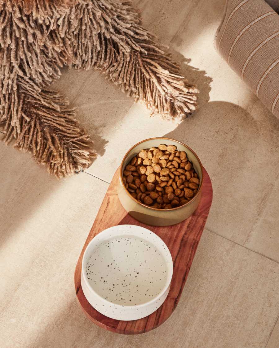 Lot de 2 gamelles pour chat ou chien avec support Dumbi blanc et marron Ø 14 cm FSC 100%