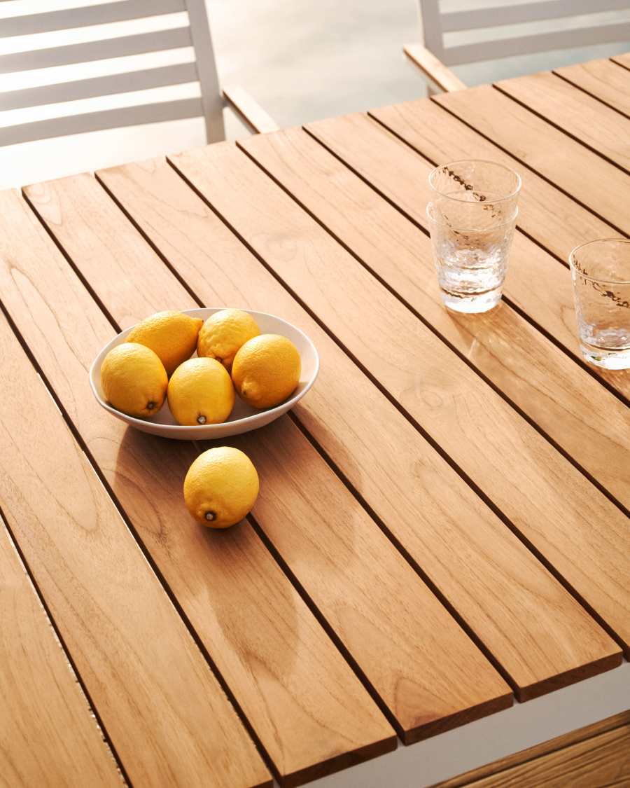 Bona aluminium and solid teak table, 100% outdoor suitable with white finish, 200 x 100 cm
