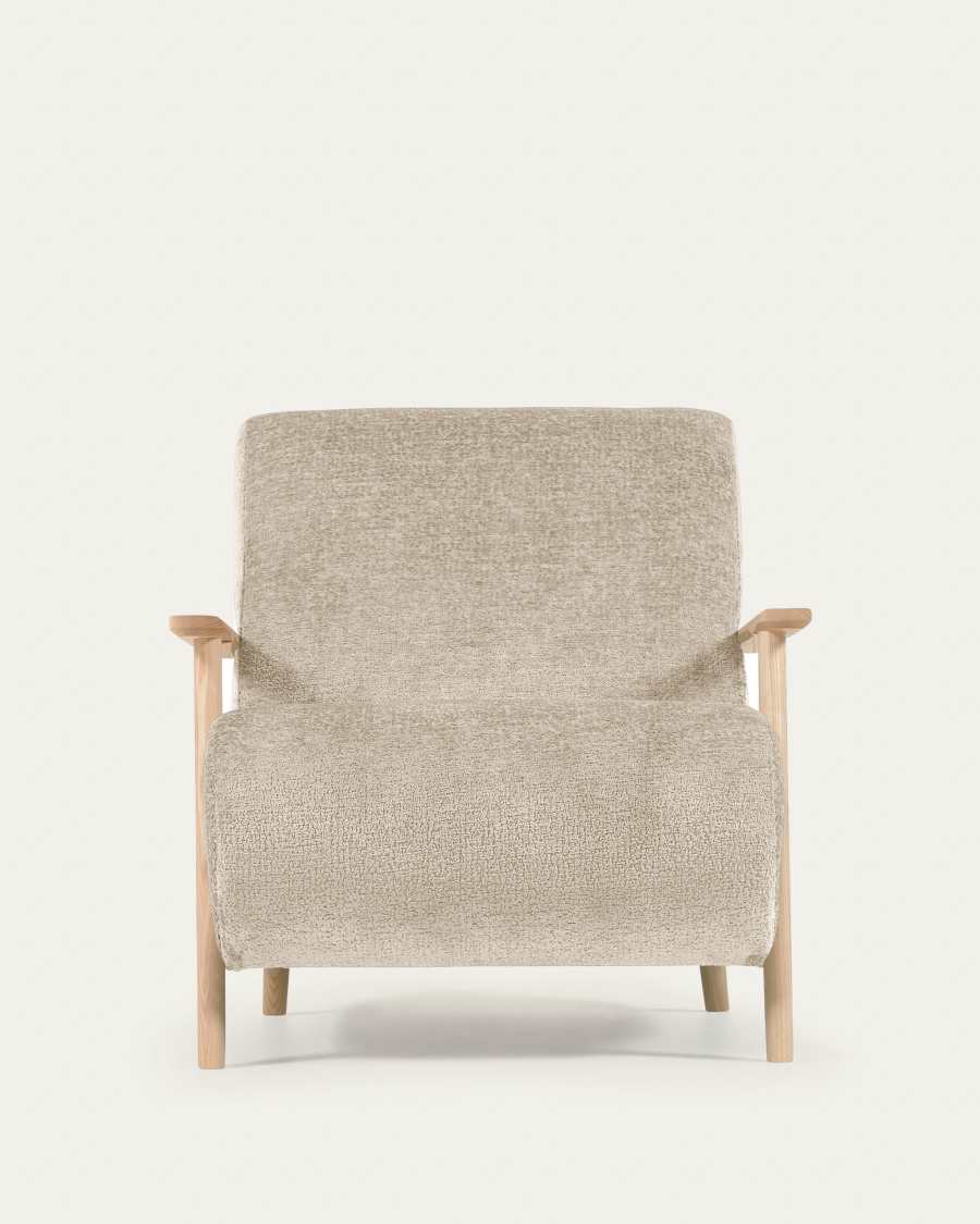 Meghan armchair in beige chenille and wood with natural finish