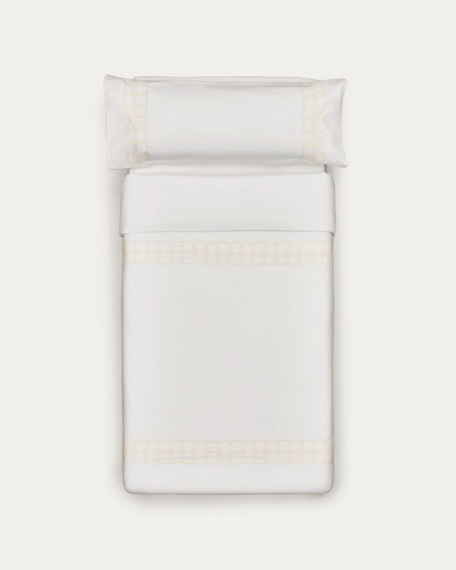 Set Teia housse couette, taies oreiller percale de coton blanc broderie fleurs 90x190 cm