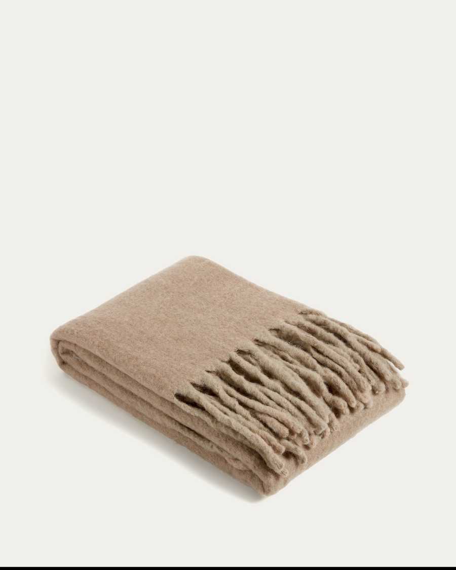 Jiba blanket with tassels in beige wool, 125 x 150 cm