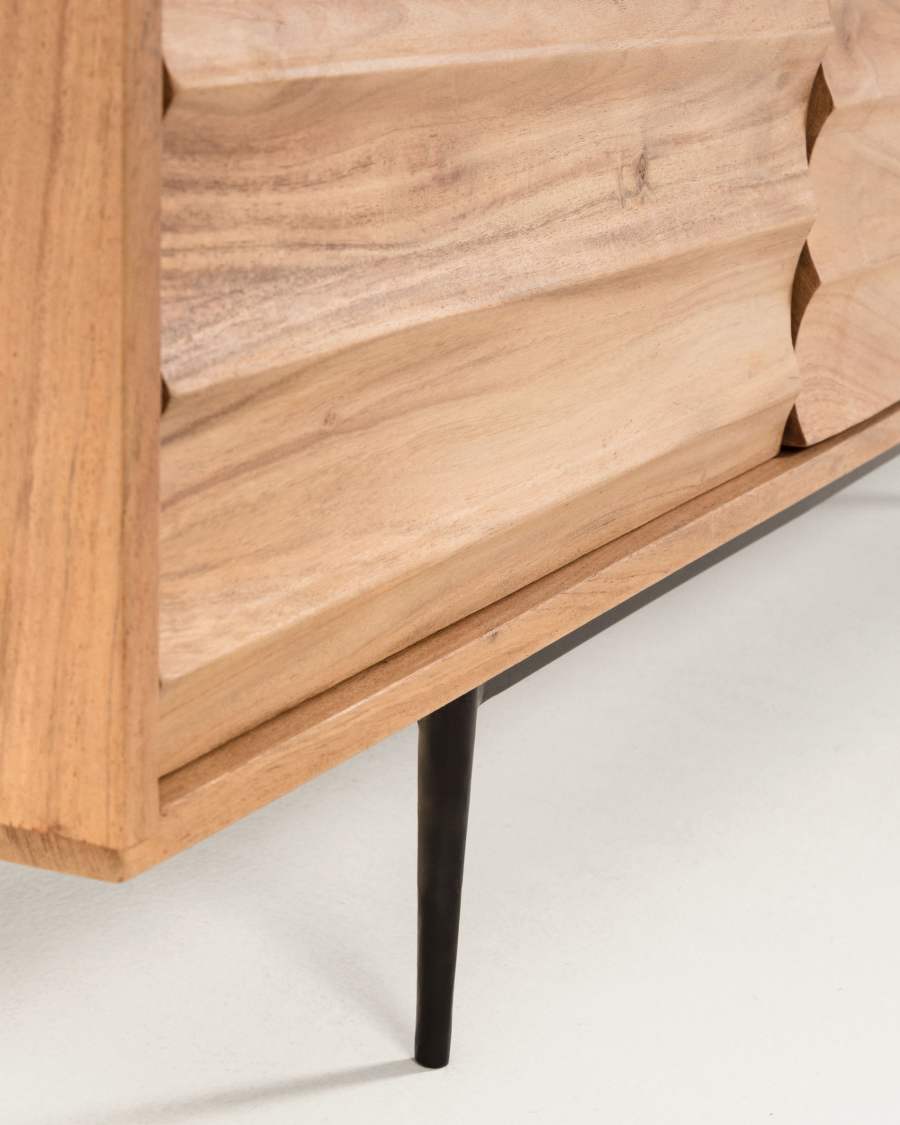 Delsie solid acacia wood 3 door TV stand with black finish steel, 147 x 50 cm