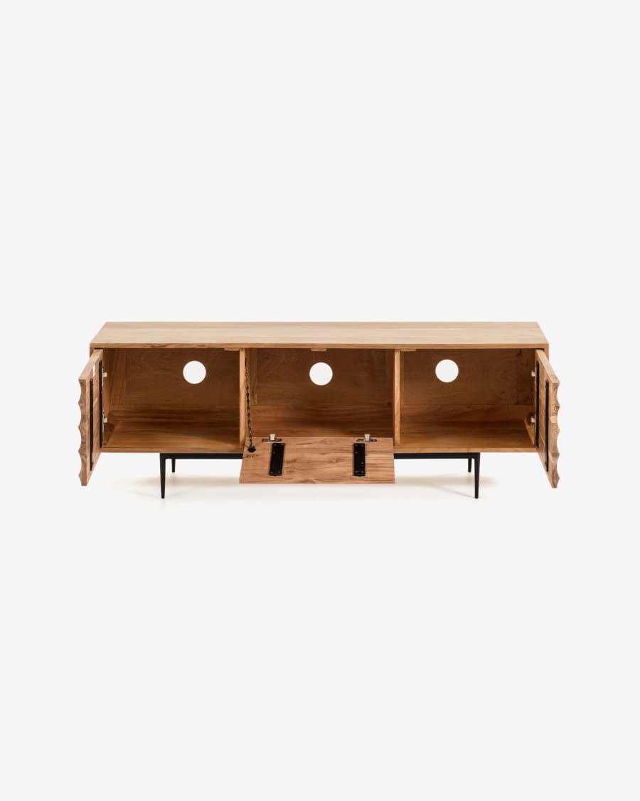 Delsie solid acacia wood 3 door TV stand with black finish steel, 147 x 50 cm