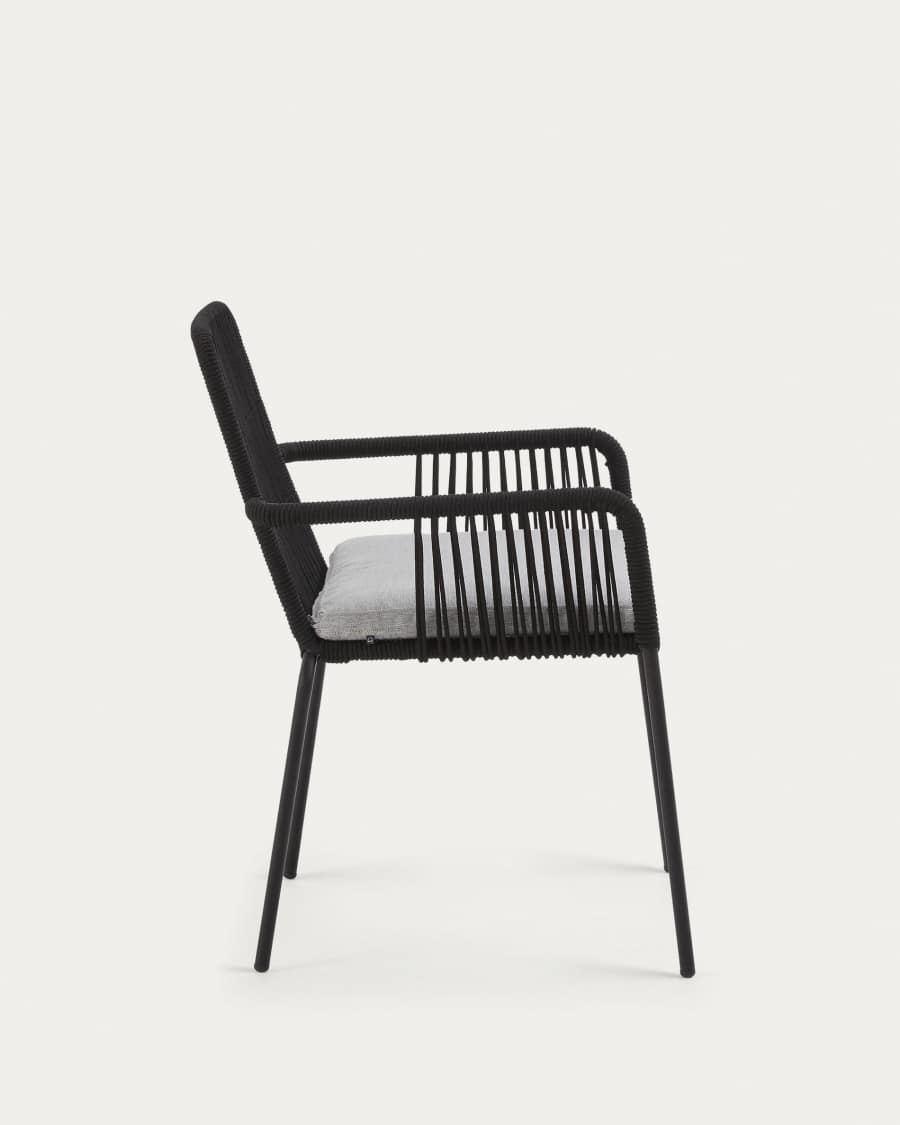 Samanta stackable chair made from black cord and galvanised steel legs.