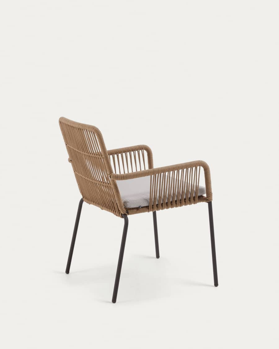 Samanta stackable chair made from beige cord and galvanised steel legs.