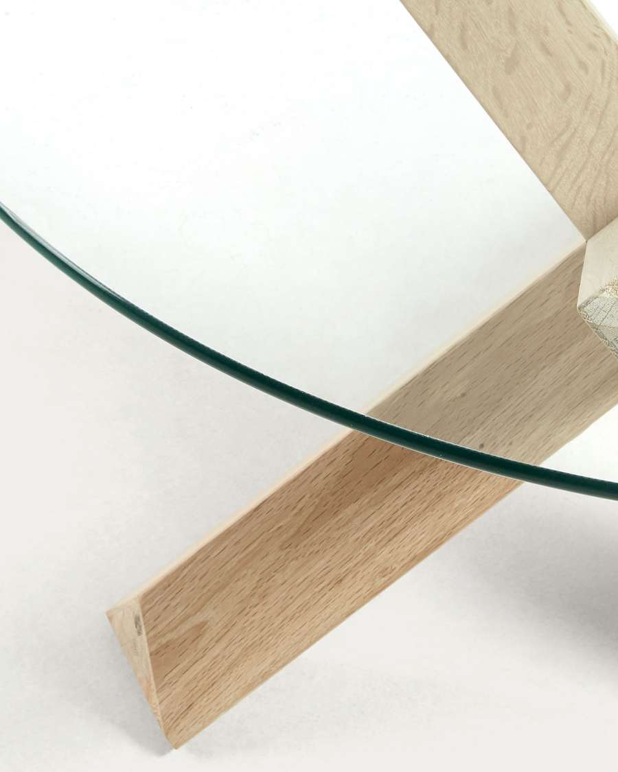 Lotus glass top coffee table with solid oak wood legs, Ø 65 cm