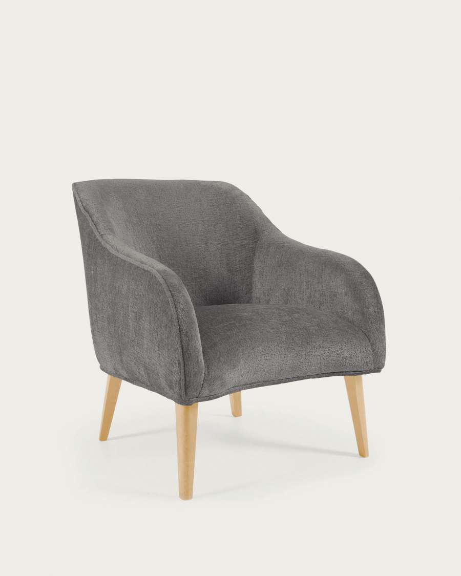 Bobly armchair in dark grey chenille and wooden legs with natural finish