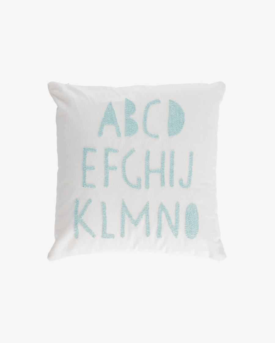 Housse de coussin Keila 100 % coton blanc alphabet bleu 45 x 45 cm