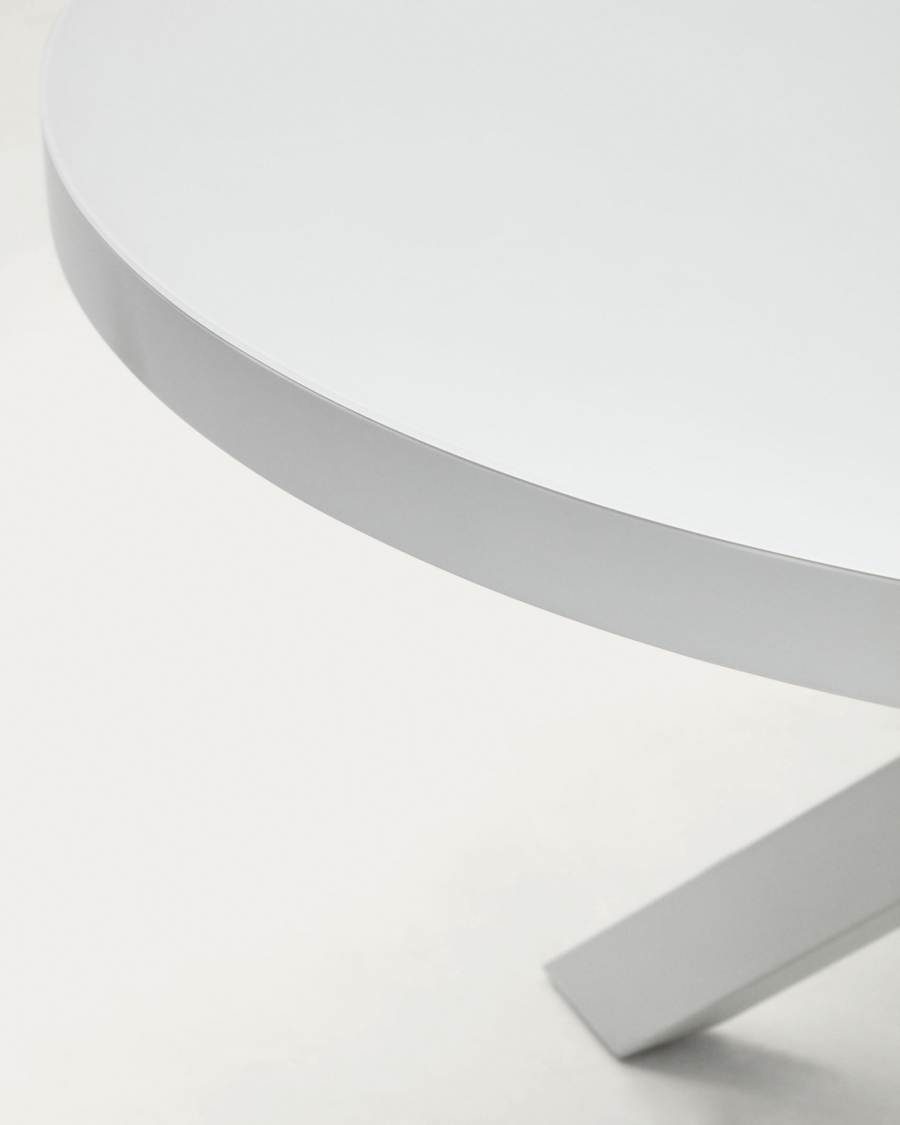 Vashti extendable round table in glass and MDF with steel legs in white, Ø 120(160)x120cm