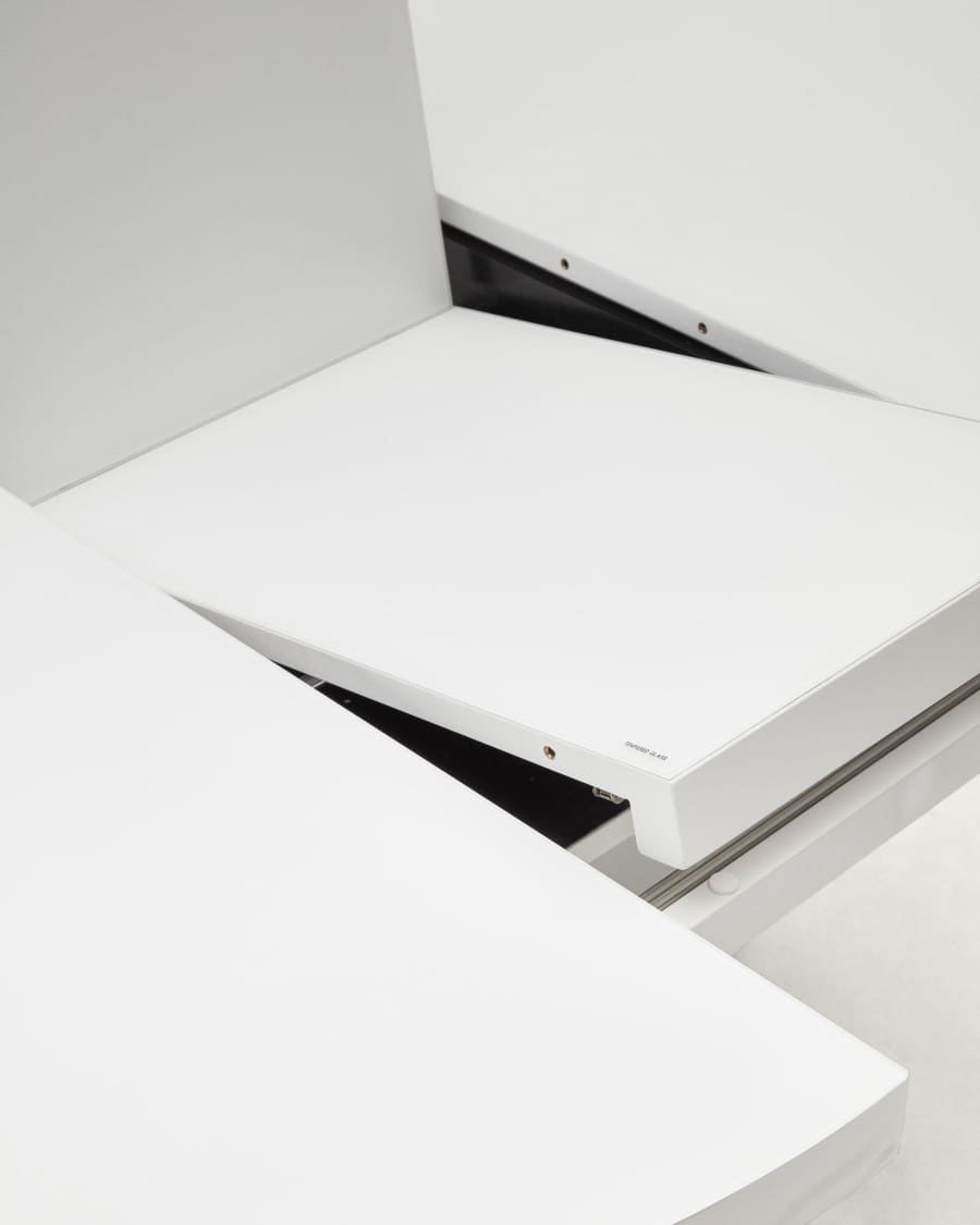 Vashti extendable round table in glass and MDF with steel legs in white, Ø 120(160)x120cm