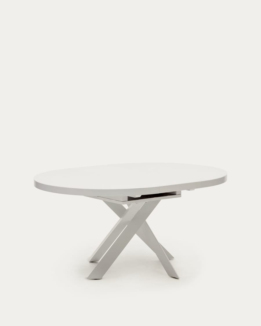 Vashti extendable round table in glass and MDF with steel legs in white, Ø 120(160)x120cm