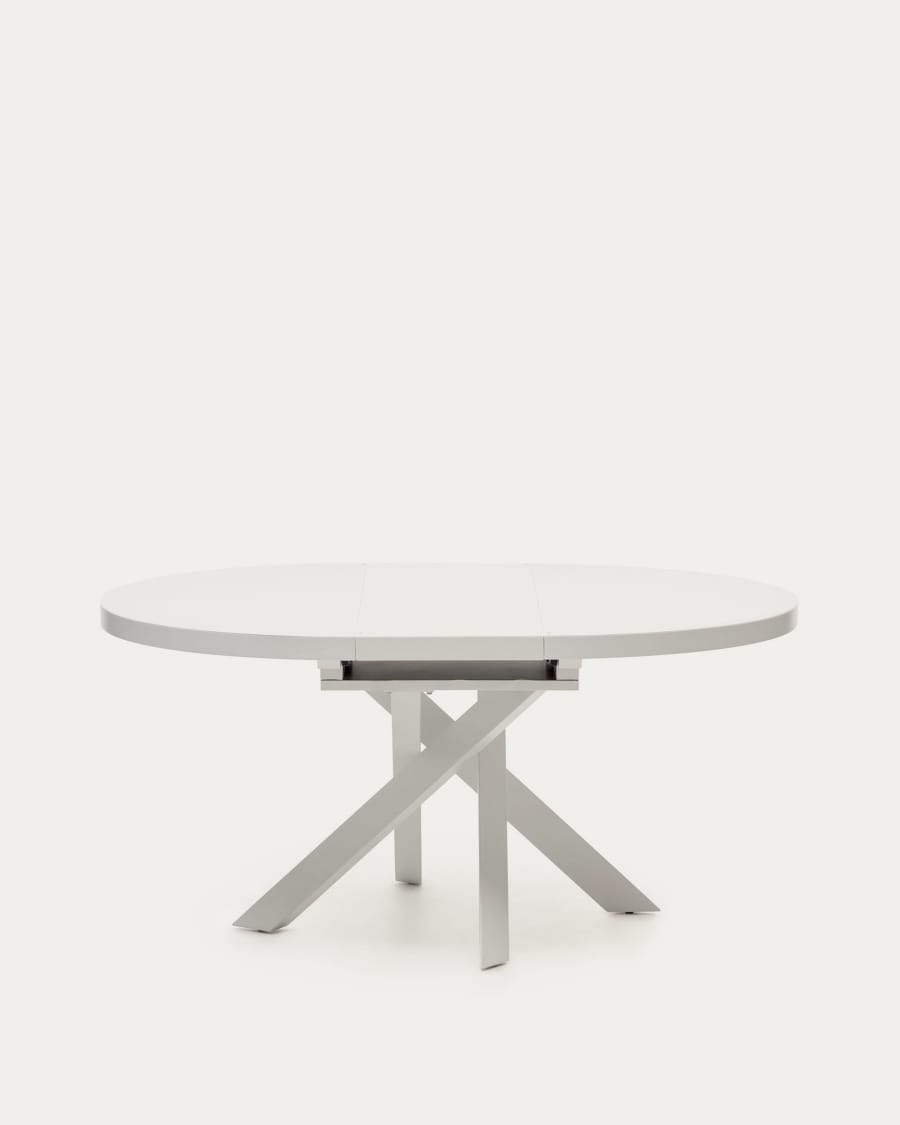 Vashti extendable round table in glass and MDF with steel legs in white, Ø 120(160)x120cm
