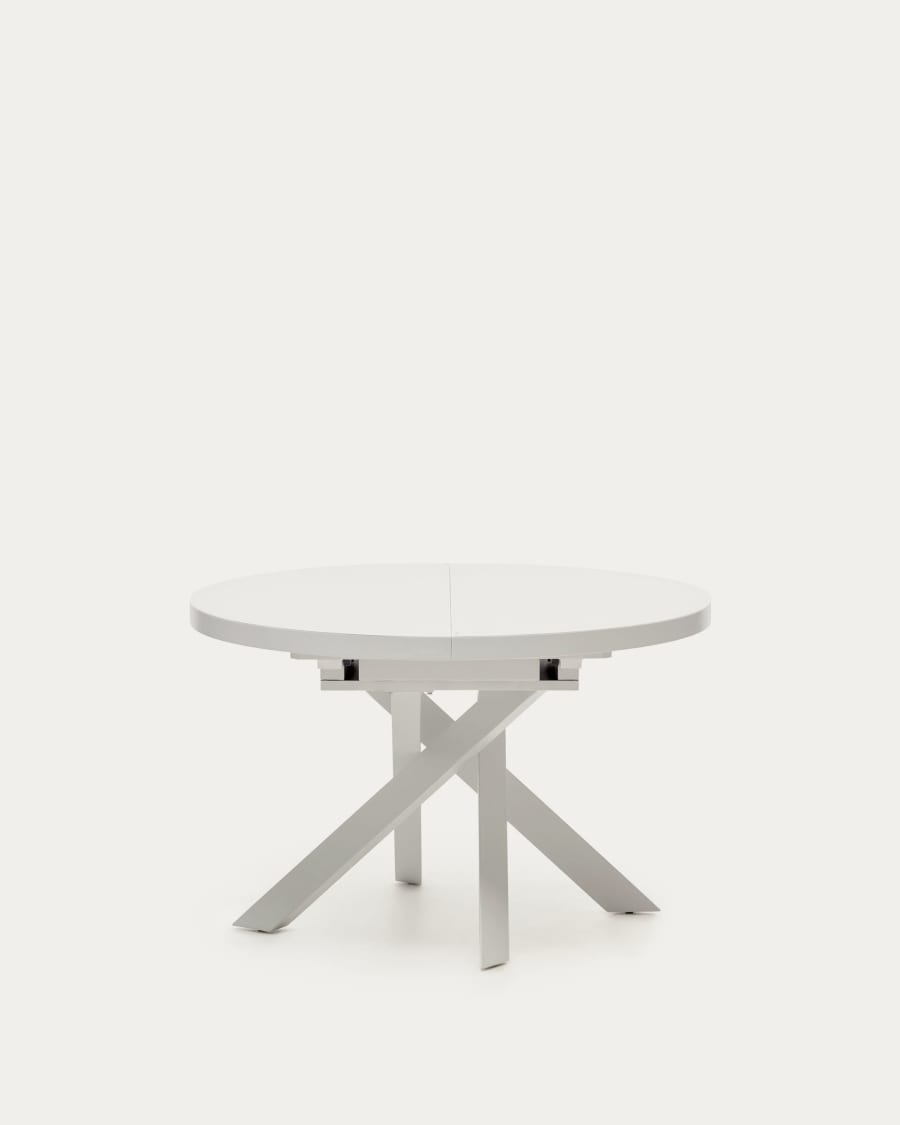 Vashti extendable round table in glass and MDF with steel legs in white, Ø 120(160)x120cm