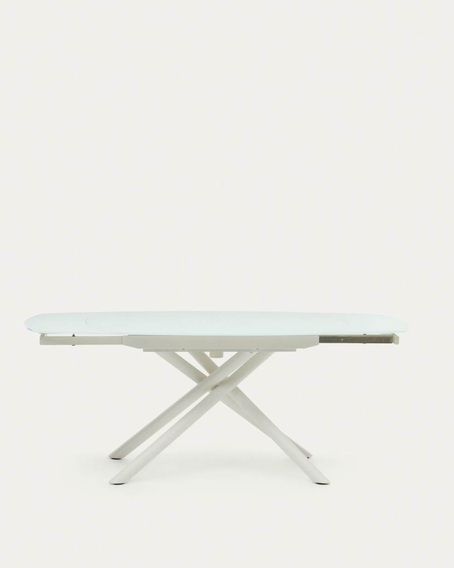 Yodalia extendable round table in glass and MDF with steel legs in white, 130 (190) x 100 cm
