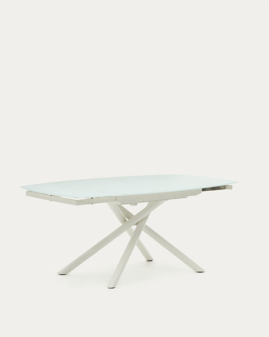 Yodalia extendable round table in glass and MDF with steel legs in white, 130 (190) x 100 cm