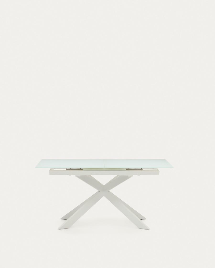 Atminda extendable table in glass and MDF with steel legs in white, 160 (210) x 90 cm