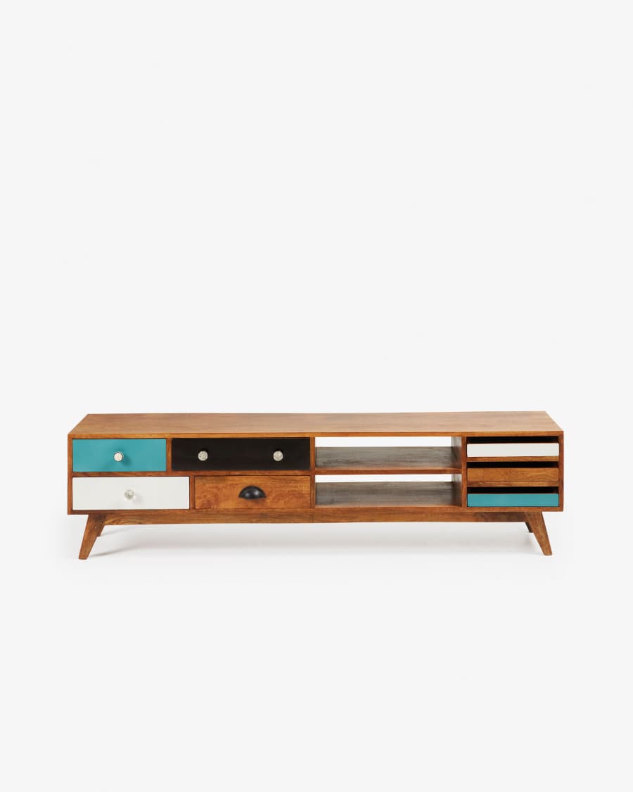 Conrad solid mango wood TV stand with 7 drawers, multicolour and natural finish, 160 x 41 cm