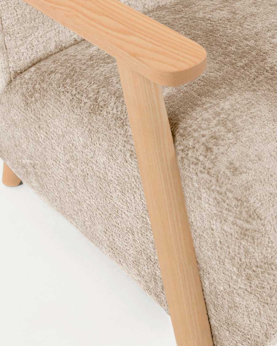 Meghan armchair in beige chenille and wood with natural finish