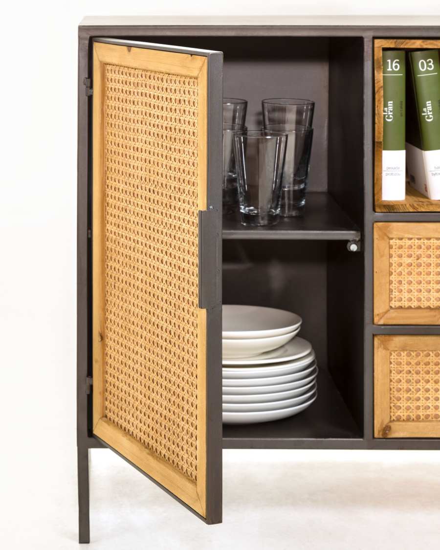 Kyoko fir tree wood & black metal sideboard w/ 1 door & 4 wicker drawers, 120 x 75 cm