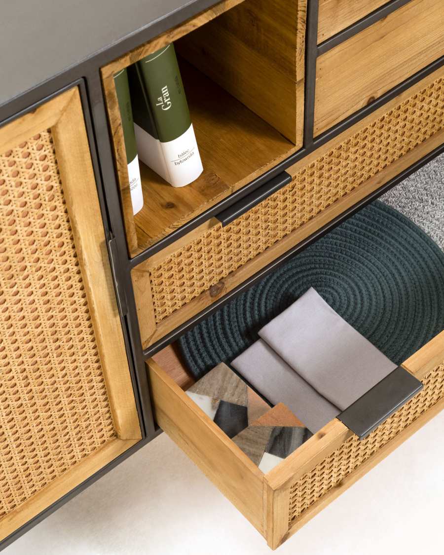 Kyoko fir tree wood & black metal sideboard w/ 1 door & 4 wicker drawers, 120 x 75 cm