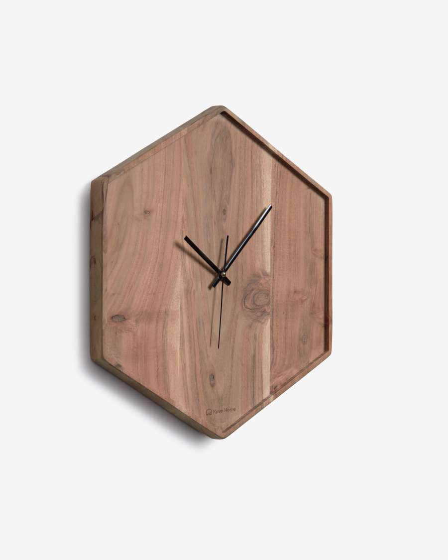 Zakie hexagonal wall clock in solid acacia wood with natural finish, 35,5 x 40,5 cm