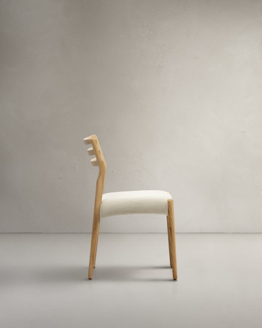 Cudia chair removable cover in beige chenille solid oak wood natural finish FSC Mix Credit