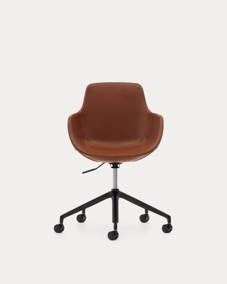Tissiana desk chair in brown faux leather and aluminium with matte black finish