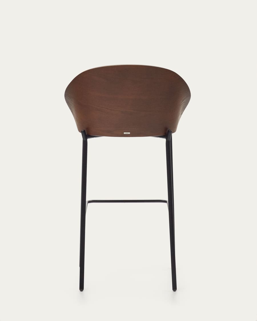 Eamy stool light brown chenille and ash wood veneer with a wenge finish and black metal, 77 cm