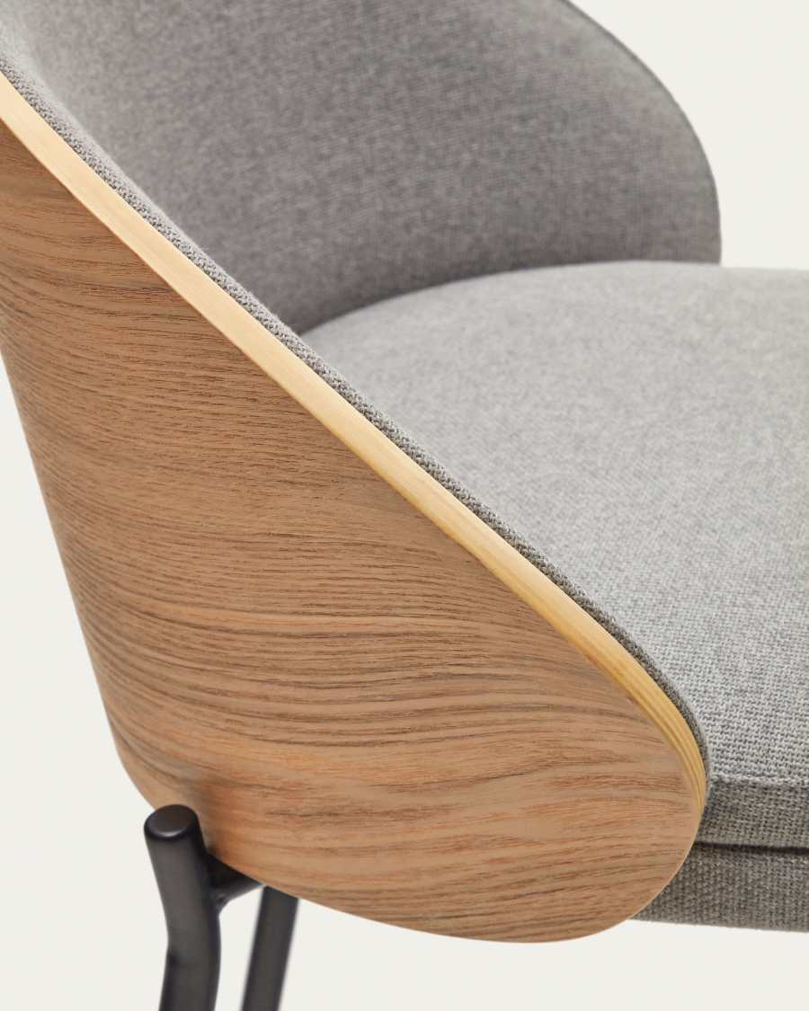 Eamy stool  light grey chenille and ash wood veneer with a natural finish and black metal, 65 cm