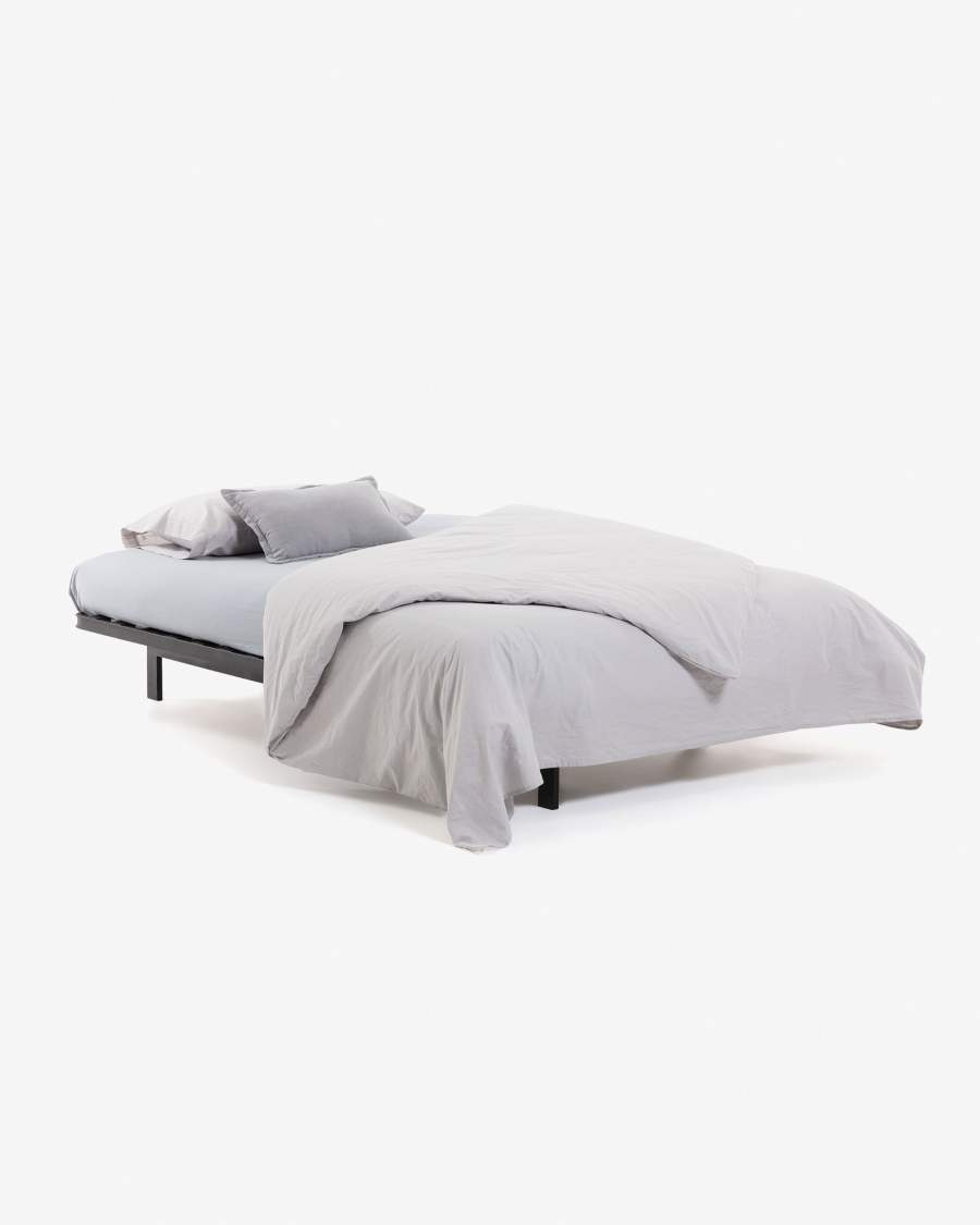 Eveline three-seater sofa bed in beige, wooden frame, 195 cm