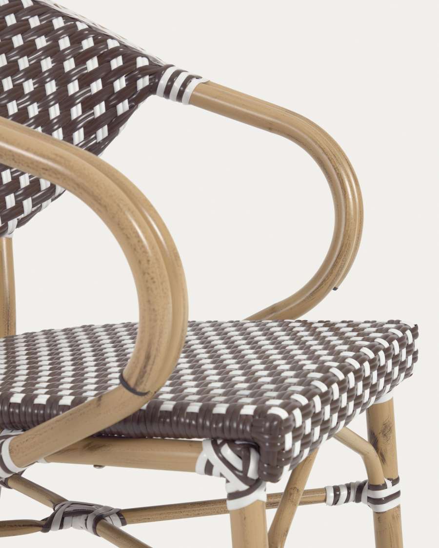 Marilyn stackable outdoor bistro chair w/ armrests in aluminium and synthetic rattan in brown & white