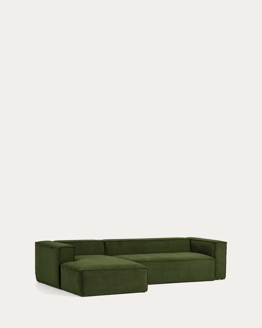 3-Sitzer-Sofa Blok mit dickem, grünem Cord und Chaiselongue links 300 cm FSC Mix Credit