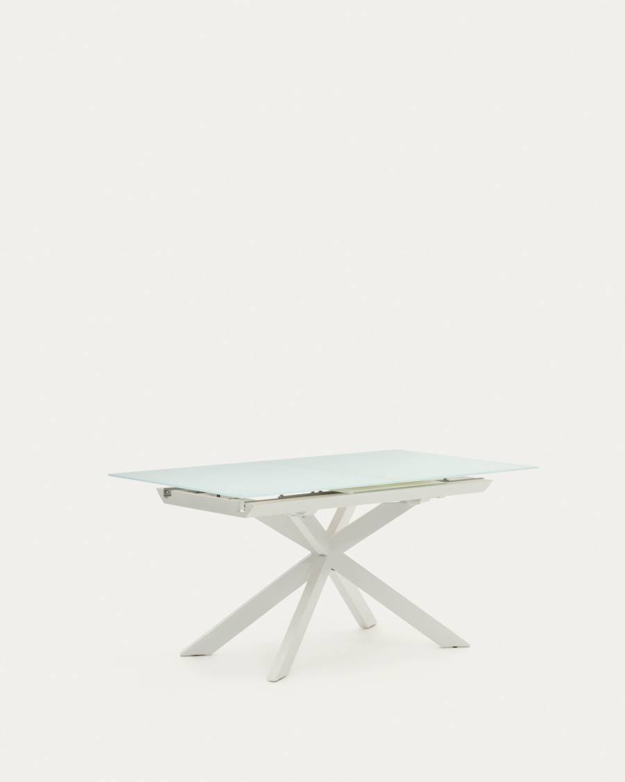 Atminda extendable table in glass and MDF with steel legs in white, 160 (210) x 90 cm