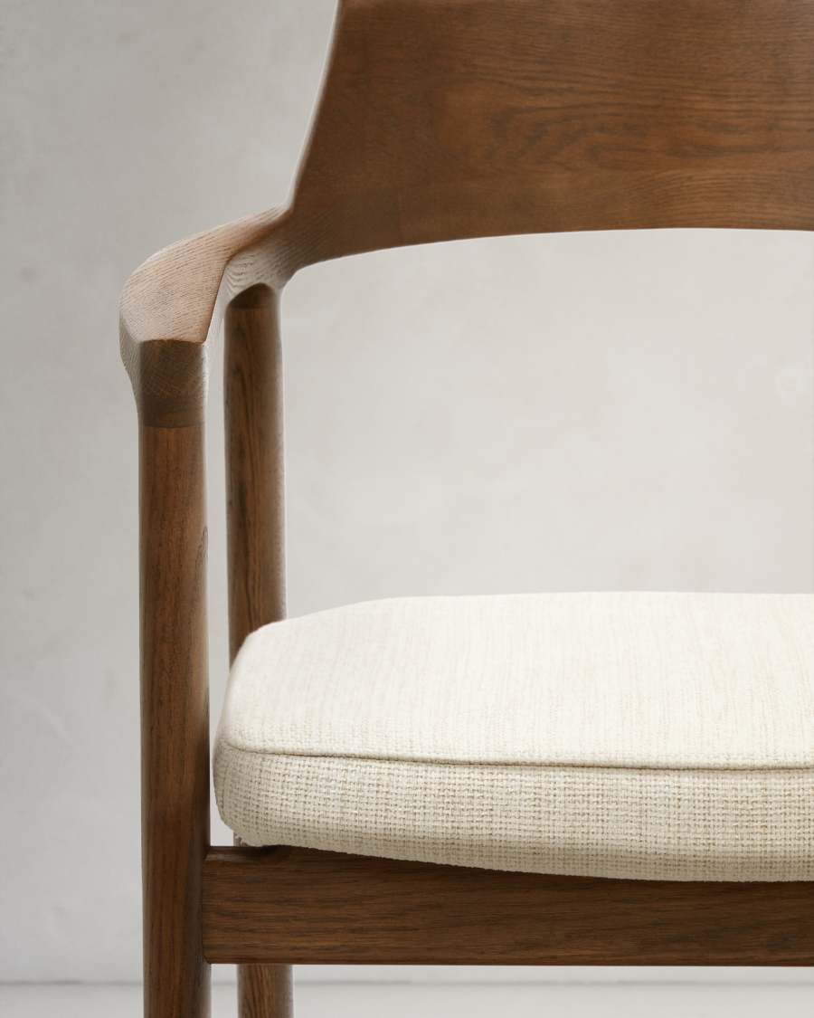 Alocs chair removable cover in beige chenille solid oak wood walnut finish FSC Mix Credit