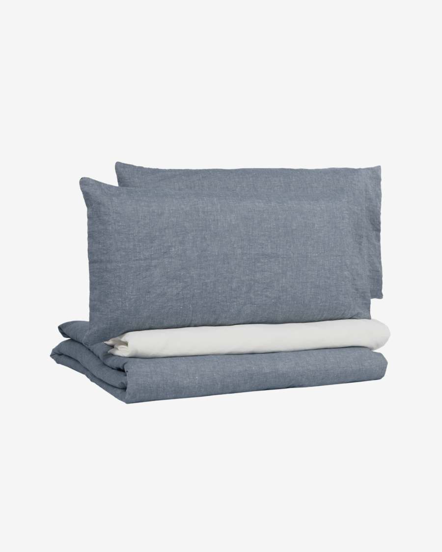 Eglant duvet cover, sheet & pillowcase set in blue GOTS cotton and linen 135 x 190 cm