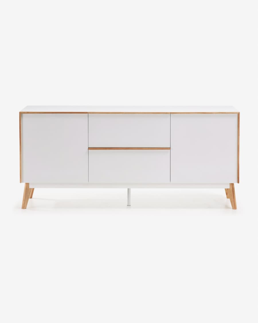 Melan solid rubber wood sideboard with 2 doors and 2 drawers in white lacquer, 160 x 72 cm