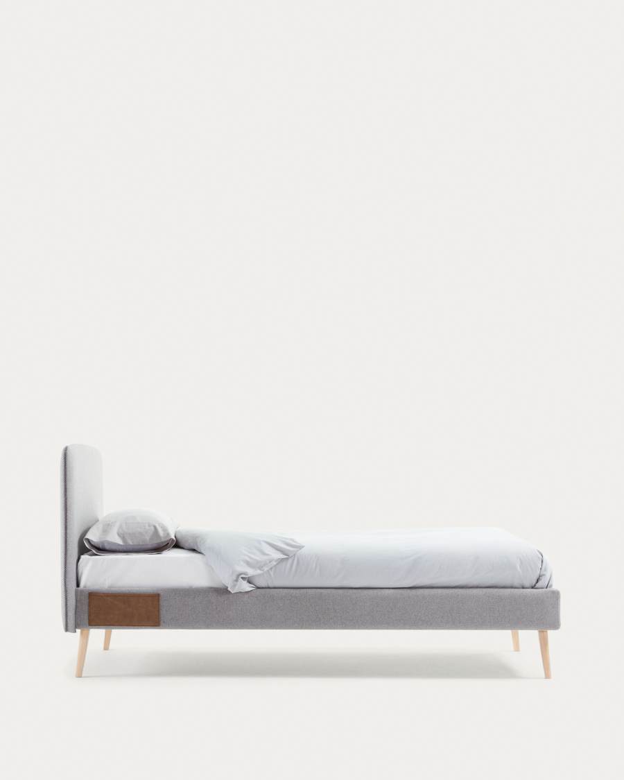 Dyla bed with removable cover in light grey, with solid beech wood legs for a 90 x 190 cm mattress