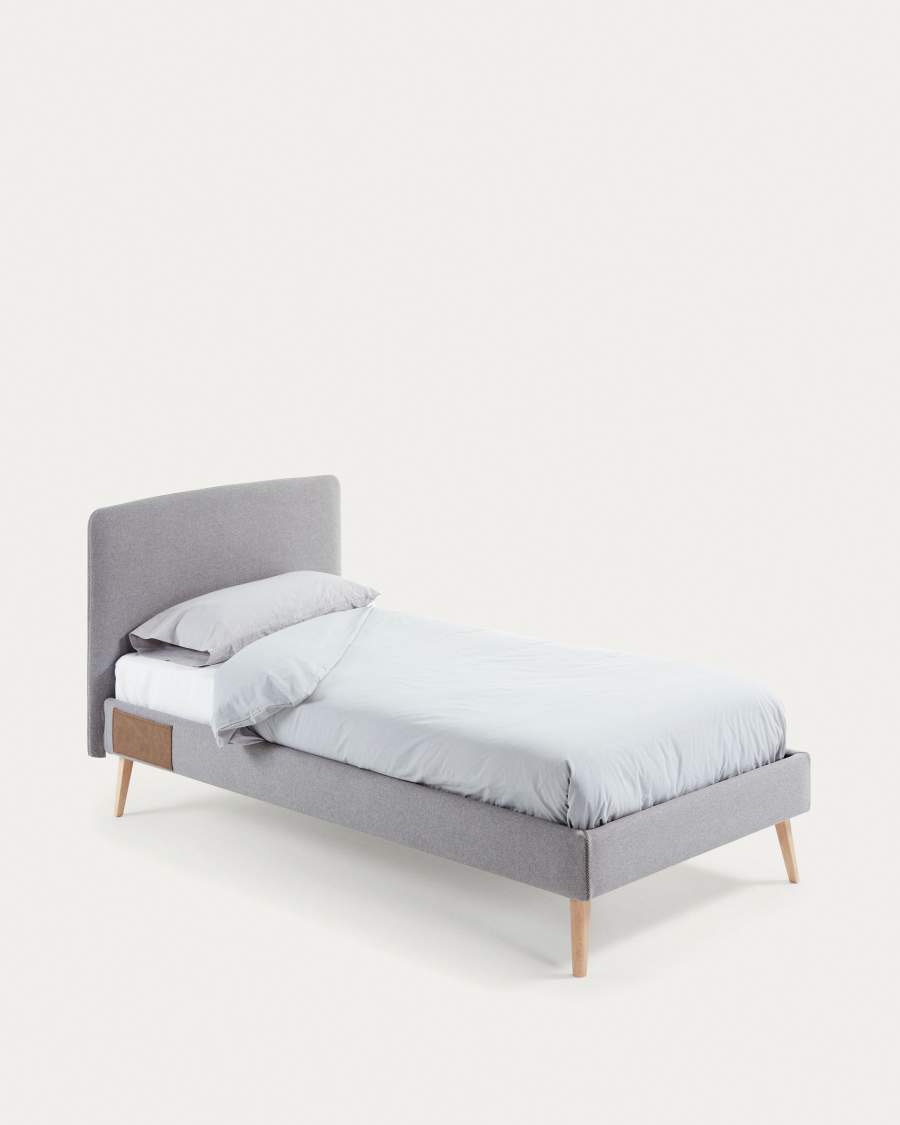 Dyla bed with removable cover in light grey, with solid beech wood legs for a 90 x 190 cm mattress