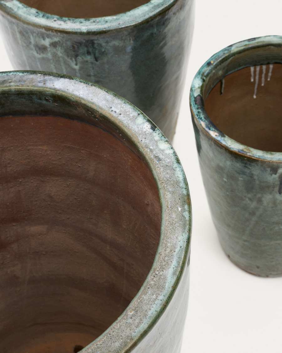Rotja set of 3 terracotta planters with glazed blue finish Ø 26 / 35 / 47 cm
