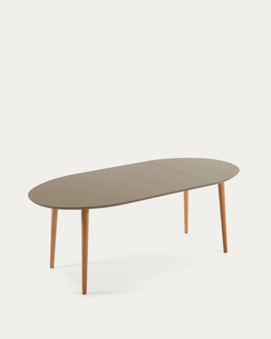 Oqui oval extendable MDF table with brown lacquer and solid beech legs 120 (200) x 90 cm