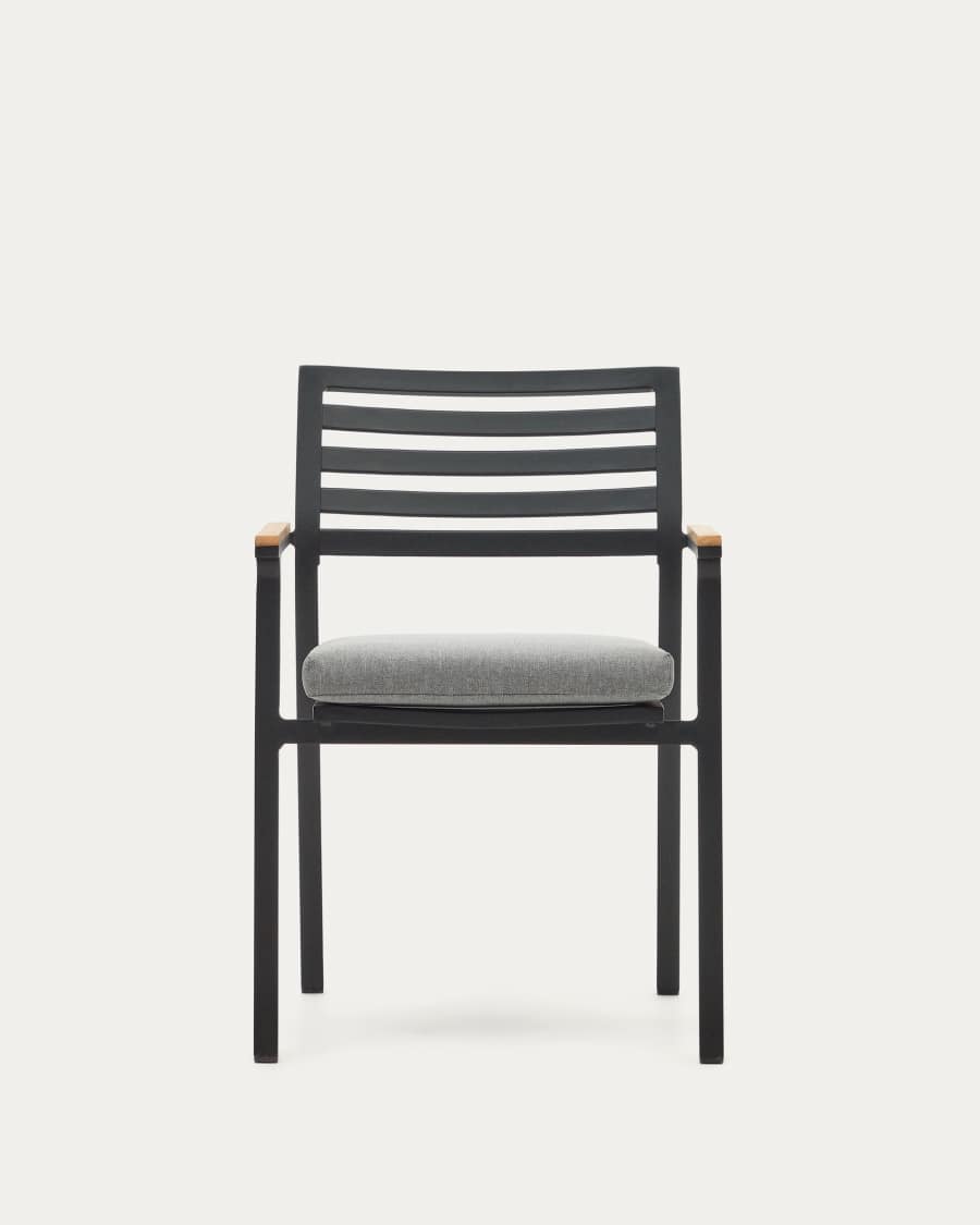 Bona stackable aluminium garden chair with a black finish and solid teak wood armrests