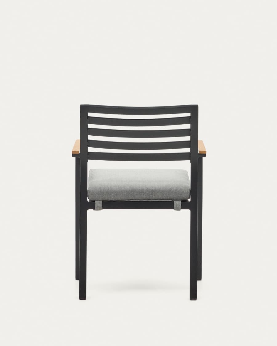 Bona stackable aluminium garden chair with a black finish and solid teak wood armrests